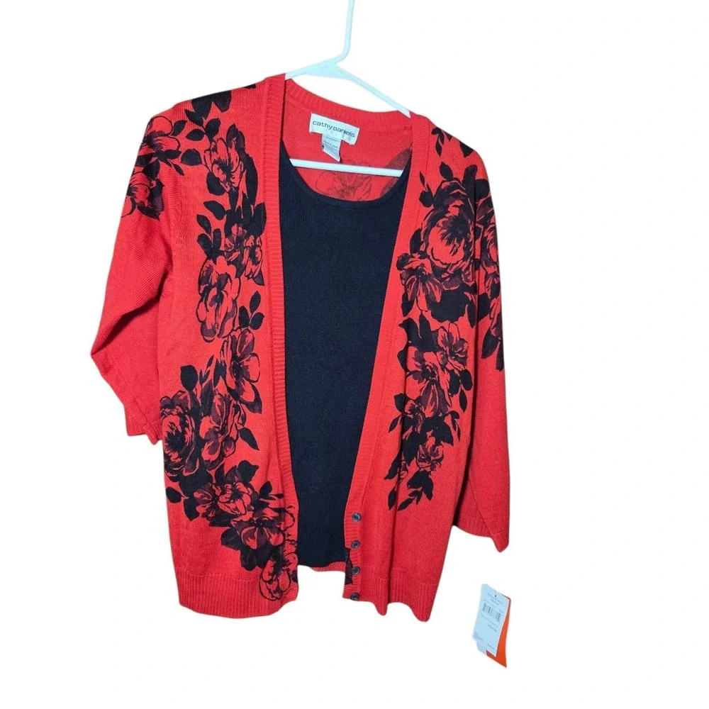 Vtg Red & Black Floral Faux Cardigan Sweater W Dickie 3/4-Sleeve Soft M NWT